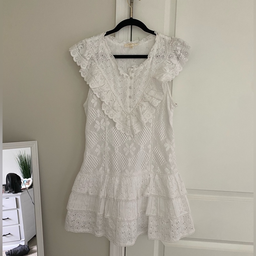 LoveShackFancy White Eyelet Embroidered Peasant Tiered Mini Dress WORN ONCE